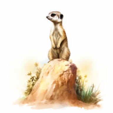 cute meerkat, standing tall and on guard, diligently protecting its burrow, pastel watercolor, clipart, on a white background