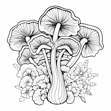 turkey tail magic mushroom, coloring page, uncolored, clip art, 2d outline, minimalist style, ultra clear draw-lines, sharp lines, clear line interspace, clean line interspaces, white line interspaces, thin lines, line art style for coloring book, white background, fill color white, line color black, simple design with a lot of coloring space that's not cluttered, realistic image, realistic shape, realistic art, fill colour white, stroke colour black, thin even lines