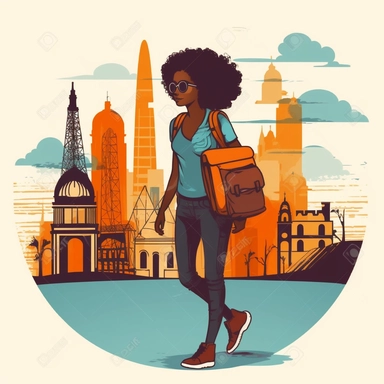 clipart of african american woman traveling through europe. white background