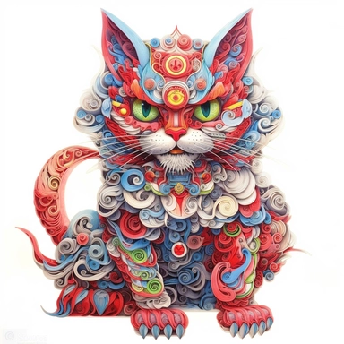 Maneki-neko, Domestic Shorthair, joyful, paper quilling In the style of Brian Froud & Alan Lee, clipart, complex design, dreamy color, white contour, white background only