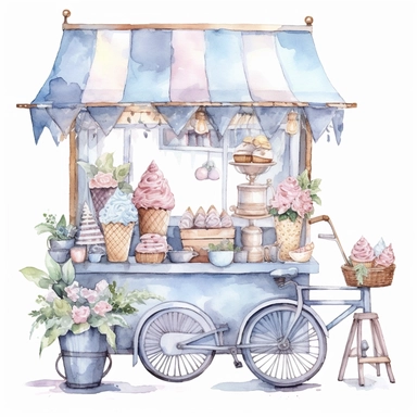 Watercolor wedding icecream blue stand, wedding clipart, simple, soft colors, cartoon elements, watercolor boho style, white transparent