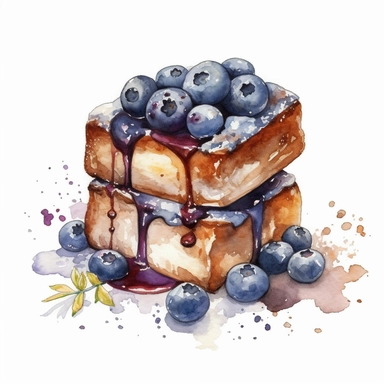 a watercolor blueberry Stuffed French Toast desserts clipart, hd, on white background, spaced out