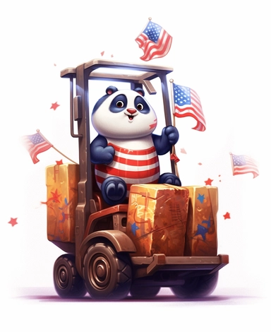 Showcasing a cartoon panda as a forklift operator, with the design incorporating patriotic elements and symbols representing the United States. The overall design can appear polished and poignant, with the panda proudly operating the forklift, that can be used as a sticker, colorful, highly detailed, with a white background, in the style of Pixar clipart, and no cut off edges.