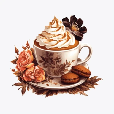 hot cappuccino with designs on the top, bisquits, chocolate cake, flower realistic clipart on white background