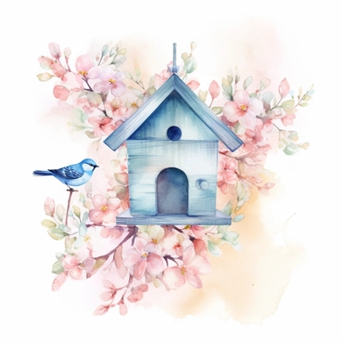 Vector clipart, isolated on white background, beautiful lovely Watercolor Spring wooden bird house hanging on the blue bloming tree, ornated, pastel and saturated colors