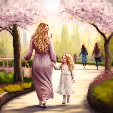 beautiful young pregnant mother with long beautiful blonde hair and toddler daughter with beautiful ong auburn hair holding hands walking in park, flowering trees, path lined with benches, highly detailed, realistic, fantasy, ethereal, soft colors, sharp focus, clipart style , Tranquil Finesse. Refinement and allure in every glance, Hair that cascades like a waterfall, Turquoise and pink tints in symphony, Purple blossoms and fresh vibe enthral.