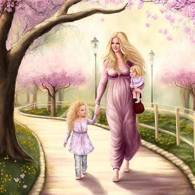 beautiful young pregnant mother with long beautiful blonde hair and toddler daughter with beautiful long auburn hair holding hands walking in park, flowering trees, path lined with benches, highly detailed, realistic, fantasy, ethereal, soft colors of pink, purple and lilac, sharp focus, clipart style.