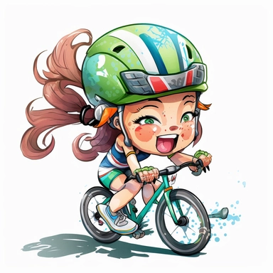 a watercolor painting of chibi Triathlete girl riding a triathlon bicycle, wearing bicycle helmet, wearing a triathlon gear, with athletic outfits, full body, smiling, both hands over the aerobars, Sport graphics, action clipart, 8k, watercolor, isolated on white background, 3d