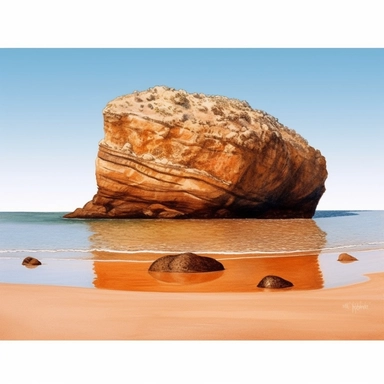 Detailed Watercolor of a beach of orange sand with a large rock covered in water, in the style of suffolk coast views, clipart, sticker art, flat 2d, 8k, high definition, white background