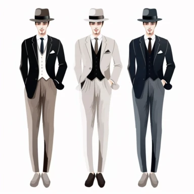 Fashion doll men wearing suit and hat, full body, gentlemen style, realistic face, clipart bundle, vector logo, vector art, white background, simple, cartoon, 2d