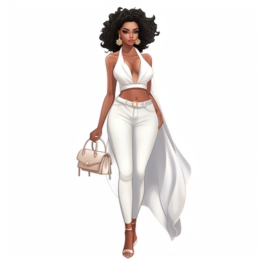 Create clipart featuring white background a full-body runway pose, of a beautiful, Anime black African-American girl confidently wearing stilettos, model wearing fashion designer clothes Trendsetting Styles: Designers often set fashion trends, introducing fresh and avant-garde styles that inspire and influence the industry. They showcase their creativity through unconventional cuts, experimental shapes, and unexpected combinations of colors and textures