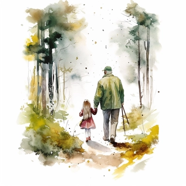 fathers day, grandfather and doughter, walk in forest,watercolour clipart