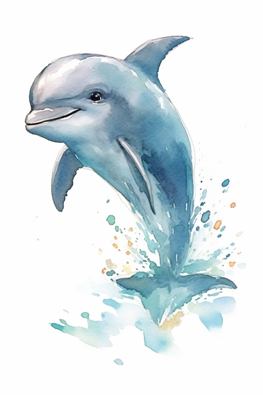 Clip art of dolphin, simple, White margins around the image, drawn by Helen Beatrix Potter, easy to crop image, white background