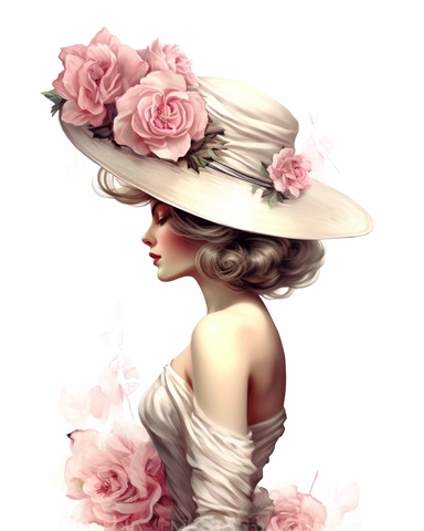 detailed beautiful lady facing side with vintage hat with pink roses dressed in a vintage dress, hyper realistic, 8k, isolated on white backgorund, clipart