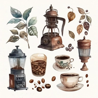 Watercolor, coffee clipart, Coffee drinks, Vintage coffee pots, coffee grinders, Coffee beans, Cup of coffee, 10 illustration patterns, white background, simple