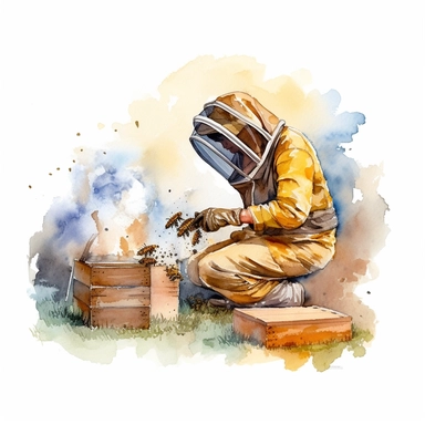 watercolor, A dynamic illustration of a beekeeper working with a smoker, releasing puffs of smoke around the beehive to calm the bees, with a hive tool and gloves visible nearby. (Digital drawing clipart, image black border color, full body, flat texture, transparent background)