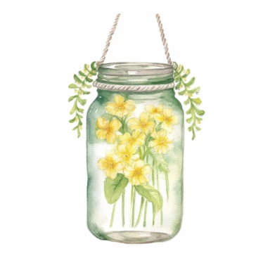 Design a dreamy watercolor clipart of japanese-inspired hanging mason jar with A bouquet of narcissus flowers symbolizing new beginnings composition, hand-painted with soft and graceful brushstrokes. Draw inspiration from the artistic finesse of Ethereal Petals Watercolors for a refined and ethereal depiction. isolated on a white background, hand-drawn illustration, hand-painted watercolor texture, 16k UHD resolution, intricately detailed, sharp focal points, designed by Ana Victoria Calderon an