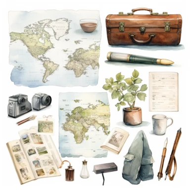 watercolour, travel theme, map, journal, soft and muted nuances, high quality detail, clipart, 8k, f1
