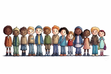 a group of difference nation children standing around in various ways, in the style of medium blue colors, cartooncore, wimmelbilder, free-associative, clipart white background, folk/naïve:, ps1 graphic 16k