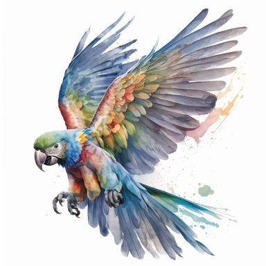 a colourful parrot flying, clipart format, watercolour, full white background