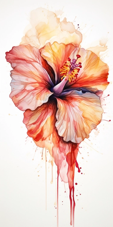 Watercolor Painting of SINGLE STEAM Hibiscus FLOWER on white background beautiful multi - headed pale, Flora Design Patterns, Flemish Baroque by Rachel Ruysch, Behance, Rococo, Intricate Detailed, Soft Light Effect, Oil Paint Strokes, Light Academia Aesthetic Flowers, Lighting cinematic, all shown shimmering stamens, tyndall light, light effect, texture, colorful, 8k, fantasy, ray tracing, depth of field, vivid, spectacular lighting, octane rendering, highly detailed, ultra - realistic, white ba