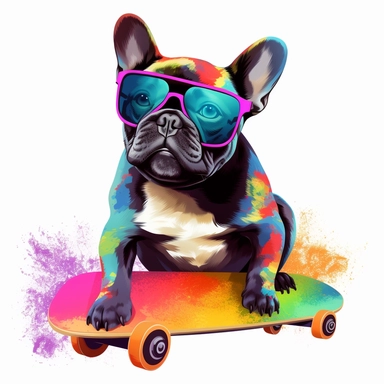 french bulldog, transparent backround,clipart,4k hd, skateboard,headphone,sunglasses, really really colorful