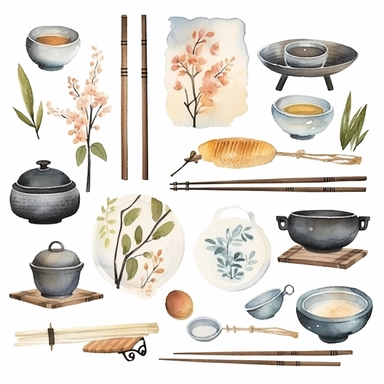 Watercolor 반찬, illustrations clipart set, simple, soft colors, cartoon elements, different variants,, porcelain elements, chopsticks , separate elements with a margin