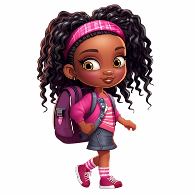 A black face chibi girl incarnate in a 3d colorful clothes, Pink blouse, navy blue skirt, black Mary Jane shoes, pink backpack, back to school motive, moving to somewhere, Black girl png, school fashion girl black clipart, Black girl Dreadlock png, black magic girl