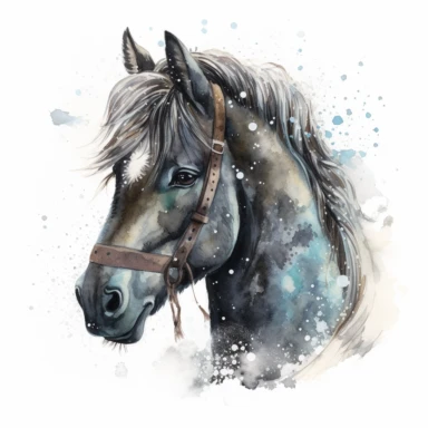 adorable watercolor winter illustration clipart, horse portrait in the snow, winter, dark colours, highly detailed, markers copic style, white background