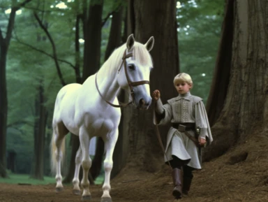 arthur as a young squire is walking next to a white horse, medieval clothing, vhs clip of 1981 movie the grail, in the style of home video, keyframe