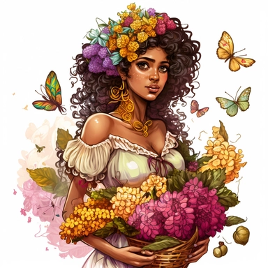 a gorgeous Indian woman, curly hair with ruffles, big basket with flowers in her hand, Michelangelo style, luxury, chain of flowers in the background, butterflies, dandelions, vibrant colors, dressed in several dresses, white background, clipart