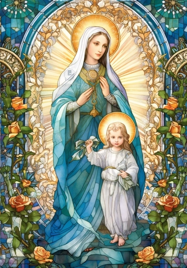 A sharp photograph of an expensive portrait, pay particular attention to the shape of your hands, less watercolor stained glass Madonna and child with matching crowns full body clipart, the Madonna is wearing a medium aquamarine blue mantle with bright white stars on it and the child is wearing a bright white robe, behind them is shimmering bright light, around many blue roses, highly detailed, white background, in the style of Catholic religious art, artist Andrea Lezcano, Vincent Van Gogh, in 