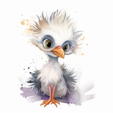 watercolour Happy Baby Secretary Bird Cartoon Clipart, Cute, no text