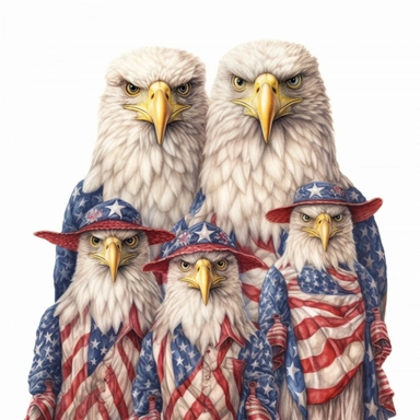 digital clipart, solid white background, a realistic family of white-tailed patriotic eagle wearing 4th July apparel