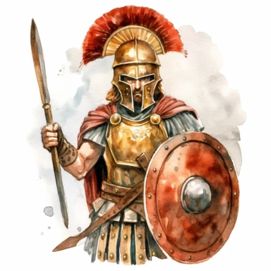 n exquisite watercolor clipart of a Roman army warrior. The soldier stands in his full battle armor - a carefully crafted bronze helmet with prominent cheek guards, a muscular cuirass for body protection, and a scarlet tunic underneath. He carries a large, circular shield, and a short, stabbing sword, known as a gladius. This art piece exudes strength and bravery, set against a stark white background, ensuring its suitability for a variety of merchandise.