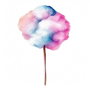 watercolor, illustration clipart, of cotton candy on a stick, found at a circus, isolated on a white background