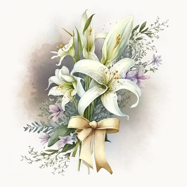 watercolor Easter Lily flowers arrangement, bouquet, ribbon bow, Easter element, clipart, on white background