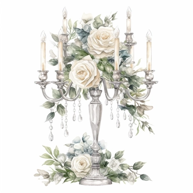 Hand drawn tall 3 tiered crystal candelabra wedding centerpiece, white roses and white flowers with greenery, sparkly crystals, glamorous, very detailed and realistic, watercolor, clipart style, white background with margins