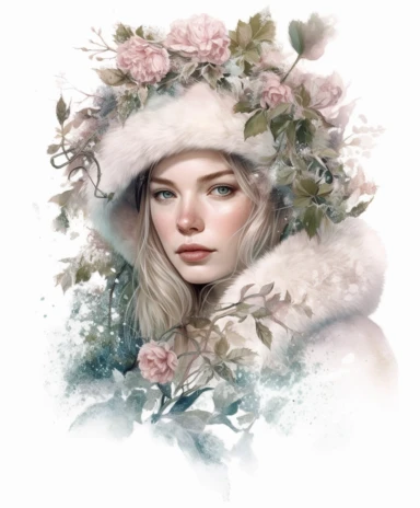 isolated on white illustration watercolor art of a portrait of close-up beautiful feminine princess, overgrown with white and light pink roses and flowers, covered with snow and ice, a lot of moss and branches, hat, lace and embroidery, trees, fur cape, masterpiece by Tom Bagshaw style and by Hans Zatzka style and by James C. Christensen style and by Alexander Jansson style, Baroque fashion, PNG clipart, isolated on white, white background, extreme photorealistic details, 32k HD resolution, real