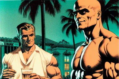 letraset clipart of handsome 40 year old men drinking a martini near a vintage, muscular man in palm springs at night, 1960's, happy, palm trees, mid century building, pool
