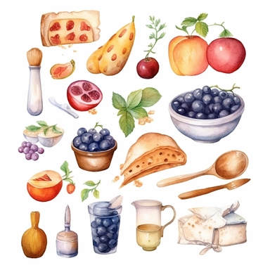 Watercolor set with food ingredients for cooking and baking. Culinary clipart isolated on white background. Hand drawn cooking elements. Delicate colours