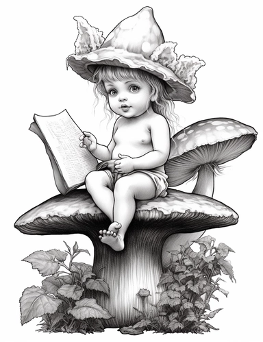 three quarter shot of a hand drawn coloring page of Beautiful Cute baby fairy with wings standing on a mushroom reading a book , Style by artist thomas w. schaller, clipart, no background