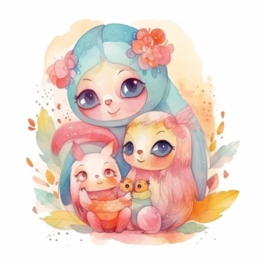 watercolor clipart of an adorable cute monster mom and baby wearing nice clothes, different lateral standing poses, perfect both ears and hands, different colors, a few flowers decor, cute cartoon animal