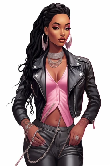 Illustration detailed clip art illustration on a white background, pose full-length model black woman Musier Paris Kelsey biker jeans jacket and chocker with body jewelry, long thick braided hair, cute nose, makeup, lips fashion pink, elegant classy, shiny colors, hyper details sticker art, elegant, modeling,