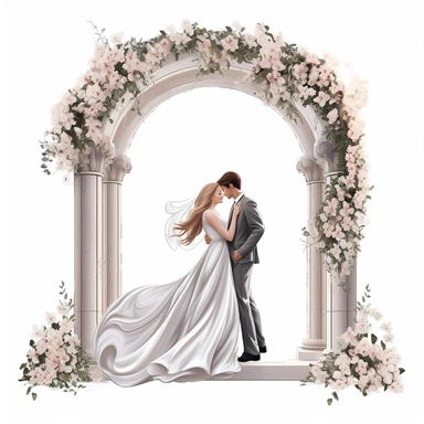 illustration clipart of wedding party, bride and groom, chapel, floral arch, high details, ultra realistic, 8k, white background,