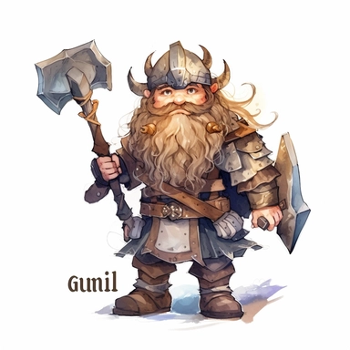 full body of gimli, lord of the rings, dwarf with dark curly hair and beard and big eyes, in armour and holding an axe, cute watercolor character, anime, clipart, png, isolated