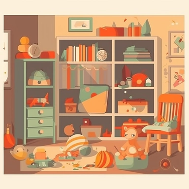furniture, toys, books, images, flat vector clipart, nursery decor, small child, cute, children room deco