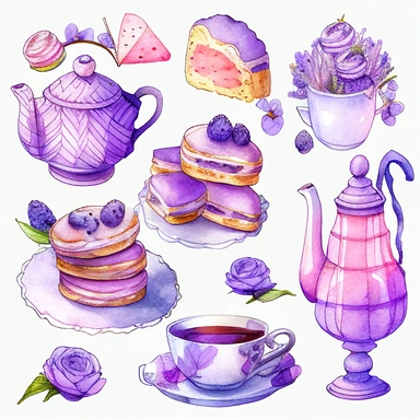 Draw a set of cartoon - style watercolor illustrations of a lavender - themed afternoon tea in shades of purple and pink. The images should have a elegant, refined, and sweet aesthetic, incorporating elements such as lavender - scented desserts, teas, and other culinary items such as macarons, scones, and a teapot. Individual images cliparts