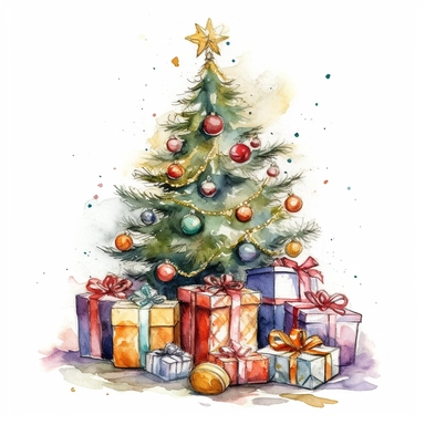 watercolor christmas tree with presents under clipart high resolution