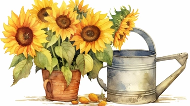 Sunflower arrangement clipart. Watercolor Farmhouse style illustration. Rusty iron watering can, pitcher, jug, bucket, wheel. Vintage french country design